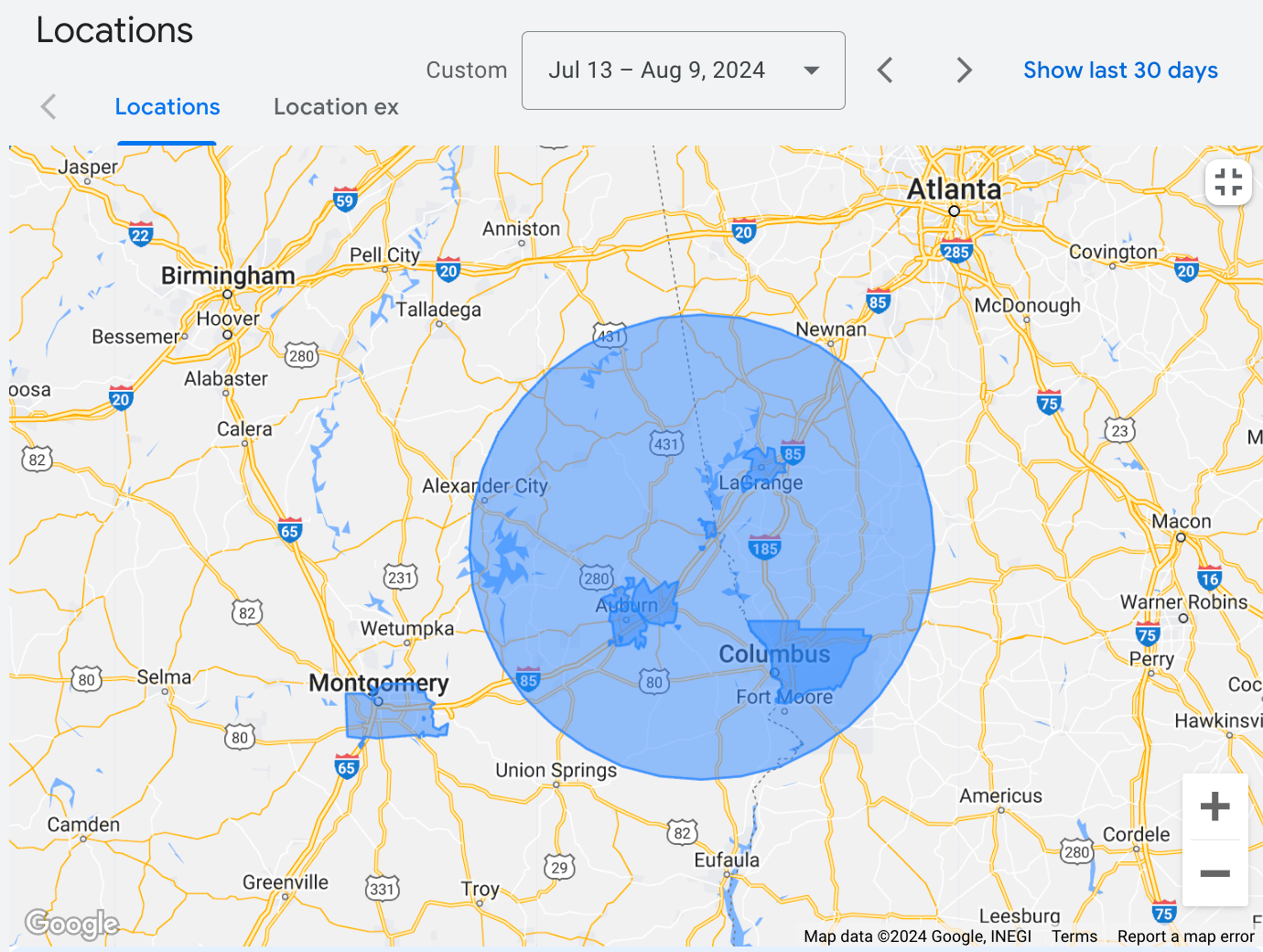 Google Ads map of Blue Skies Above geographical targets