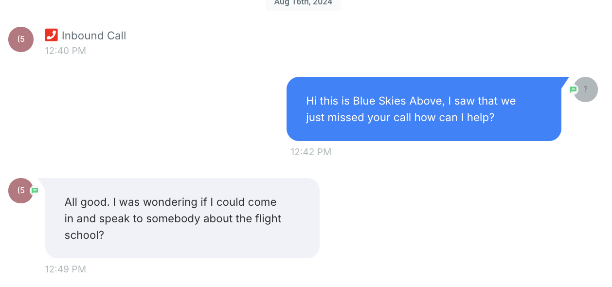 Missed call text back feature of Flight School CRM